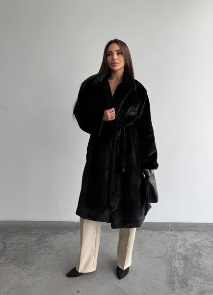 Жіноча шуба Skin з мутону вільного крою довга з поясом чорна 42-48 20018535 фото