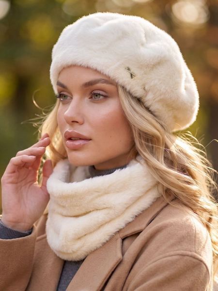 Женский комплект Alpaca берет + бафф (снуд) из экомеха альпаки молочный 20017439 фото