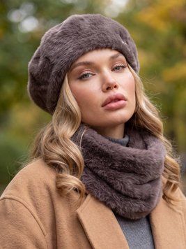 Женский комплект Alpaca берет + бафф (снуд) из экомеха альпаки кофе с молоком (мокко) 20017446 фото
