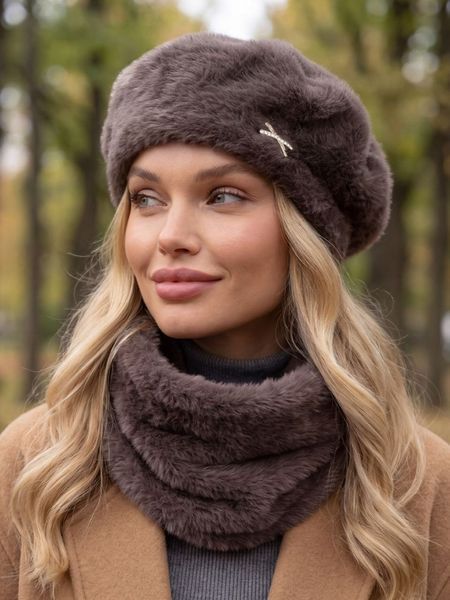 Жіночий комплект Alpaca берет + бафф (снуд) з екохутра альпаки кава з молоком (мокко) 20017446 фото
