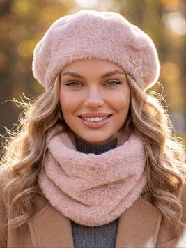 Женский комплект Alpaca берет + бафф (снуд) из экомеха альпаки розовый (пудра) 20017477 фото
