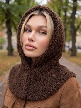Жіночий капор Teddy букле з пухом ангори та коміром на кнопках коричневий (шоколад) 20017514 фото