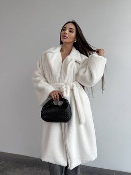 Жіноча шуба Skin з мутону вільного крою довга з поясом молочна 42-48 20018542 фото