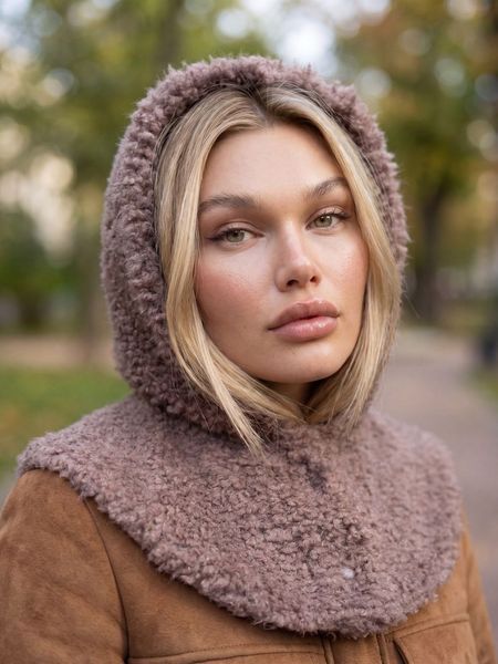 Жіночий капор Teddy букле з пухом ангори та коміром на кнопках кава з молоком (мокко) 20017521 фото