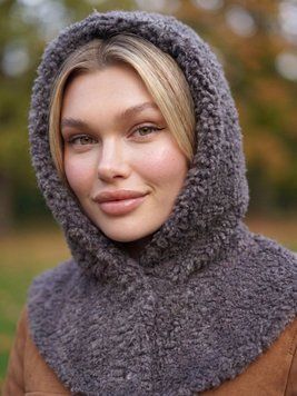 Жіночий капор Teddy букле з пухом ангори та коміром на кнопках сірий 20017538 фото