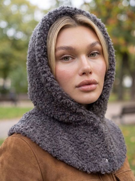 Жіночий капор Teddy букле з пухом ангори та коміром на кнопках сірий 20017538 фото