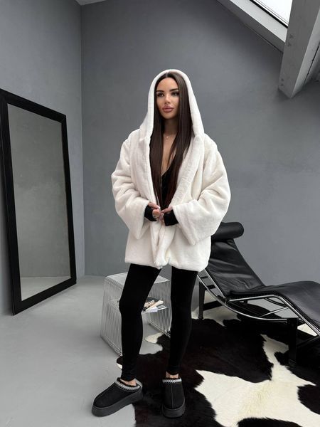 Жіноча шуба Wrap з мутону з капюшоном і поясом вільного крою молочна 42-48 20018375 фото
