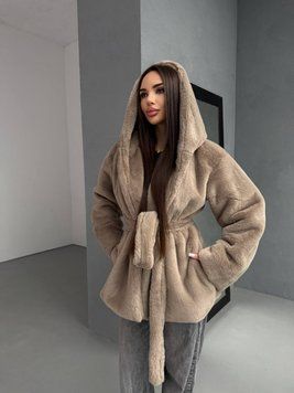 Жіноча шуба Wrap з мутону з капюшоном і поясом вільного крою кава з молоком (мокко) 42-48 20018399 фото